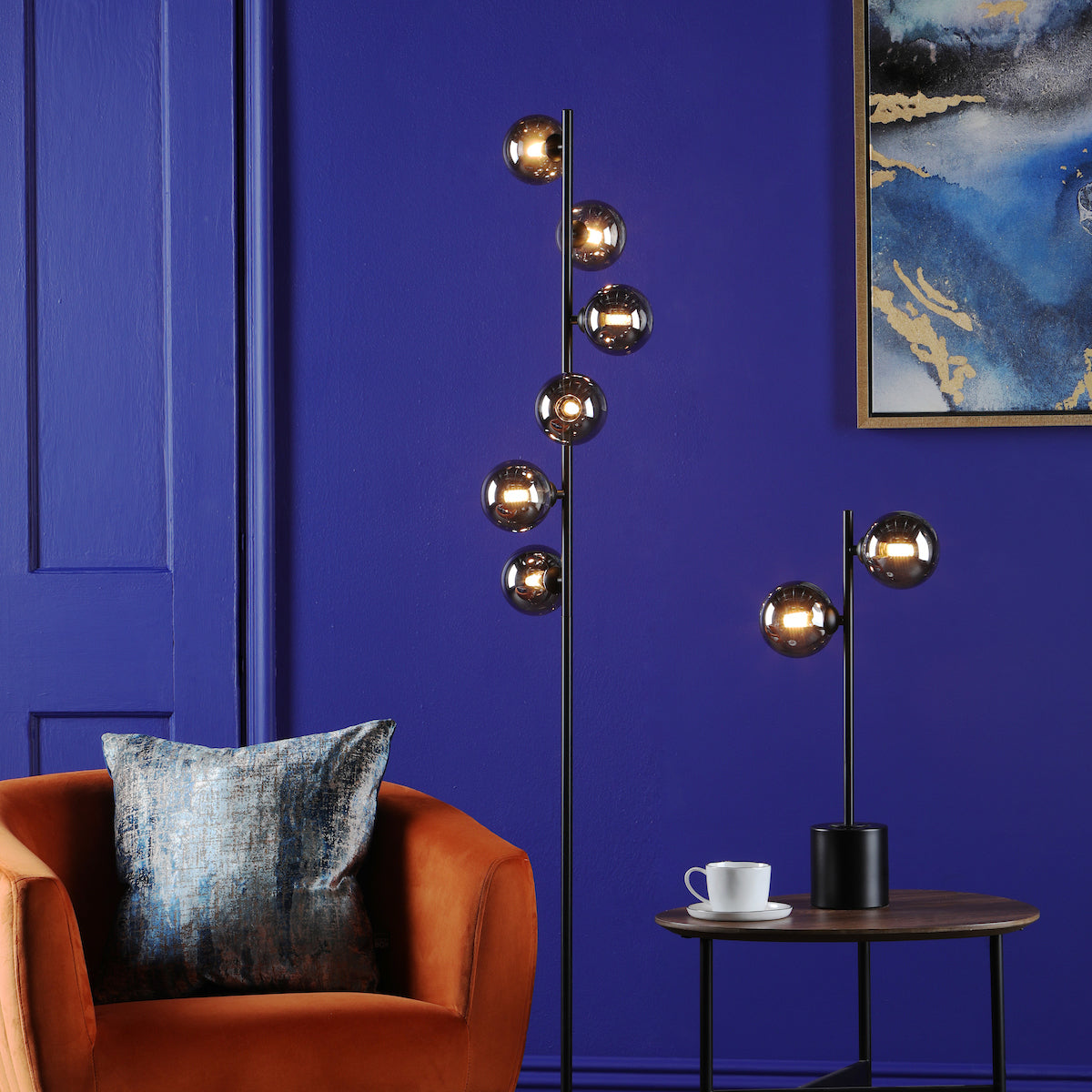 SPIRAL 6LT FLOOR LAMP BLACK CW SMOKED GLS