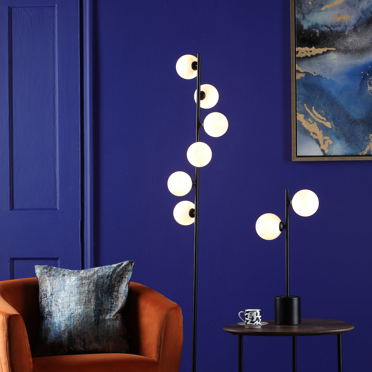 SPIRAL 6LT FLOOR LAMP BLACK CW OPAL GLS