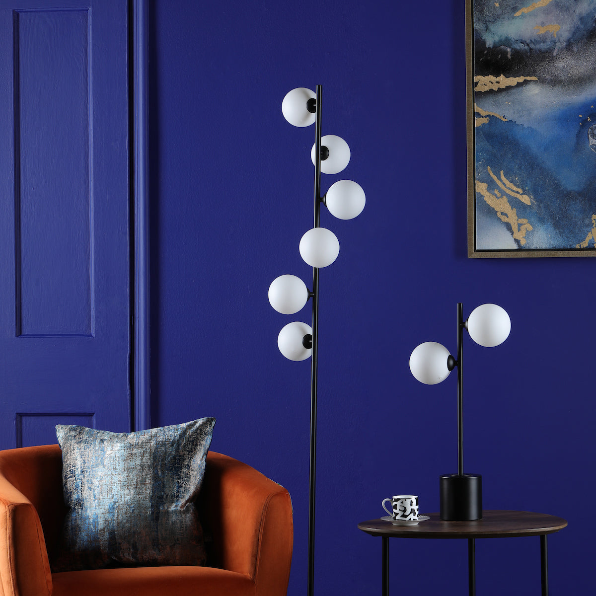 SPIRAL 6LT FLOOR LAMP BLACK CW OPAL GLS