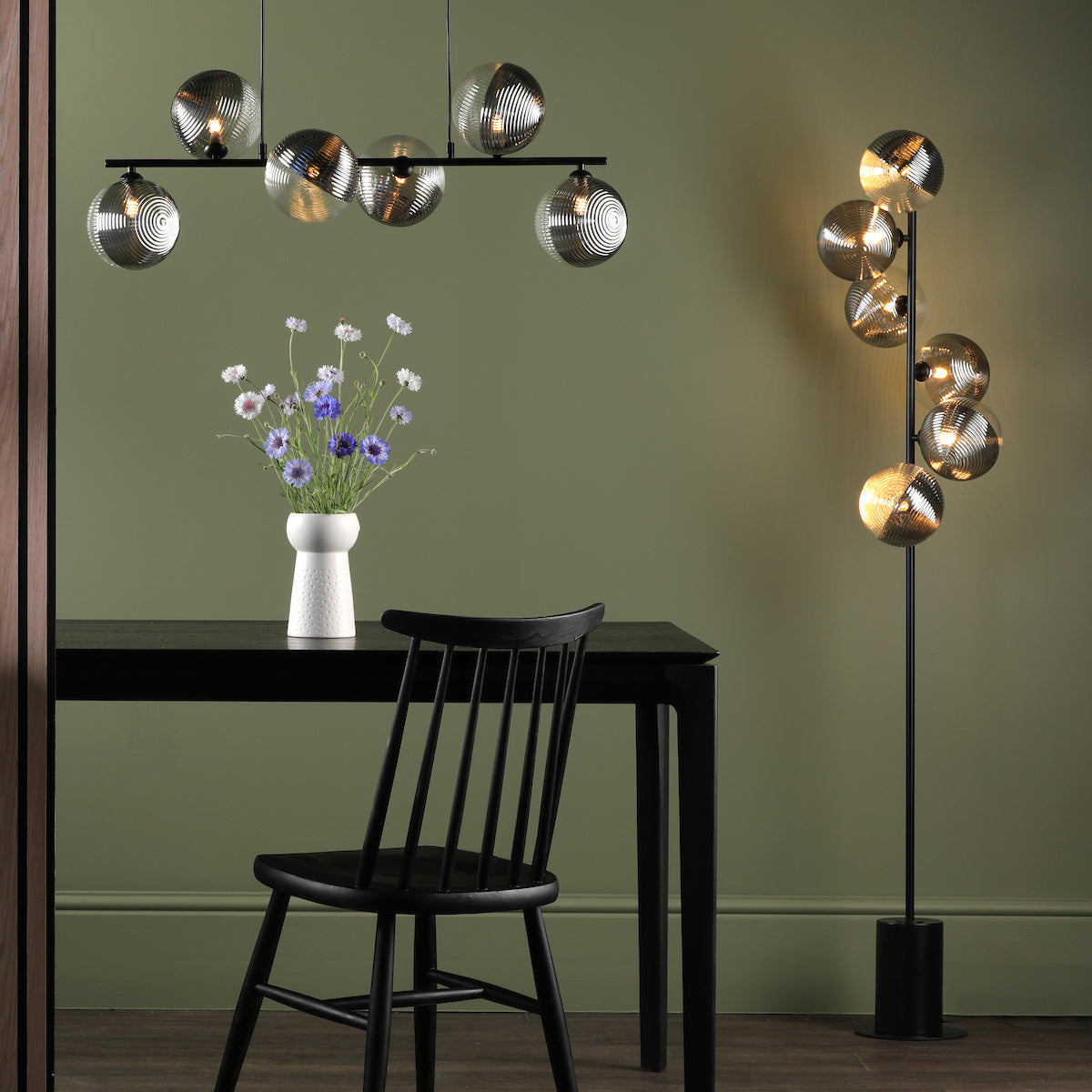 SPIRAL 6LT FLOOR LAMP BLACK CW SMOKED/CLR GLS 150M