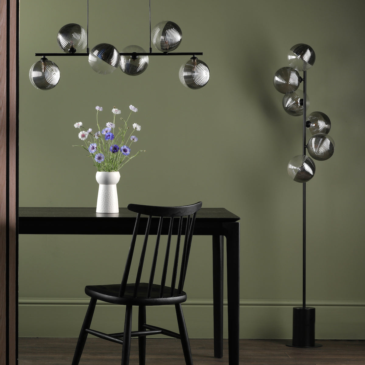 SPIRAL 6LT FLOOR LAMP BLACK CW SMOKED/CLR GLS 150M