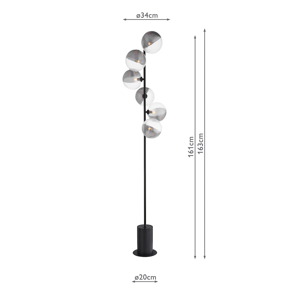 SPIRAL 6LT FLOOR LAMP BLACK CW SMOKED/CLR GLS 150M