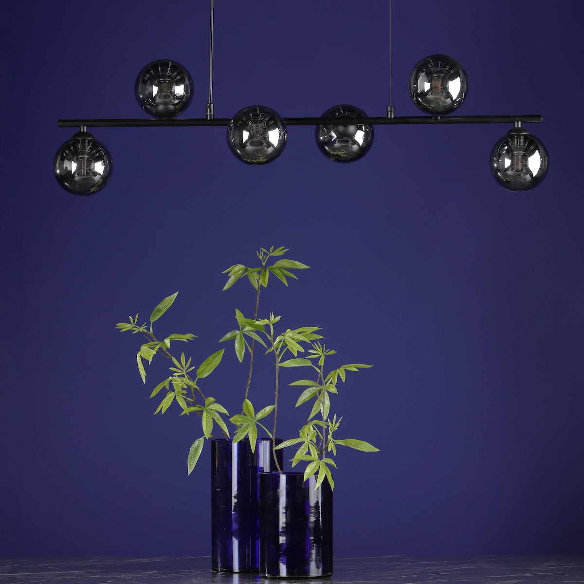 SPIRAL 6LT BAR PENDANT BLACK CW SMOKED GLS