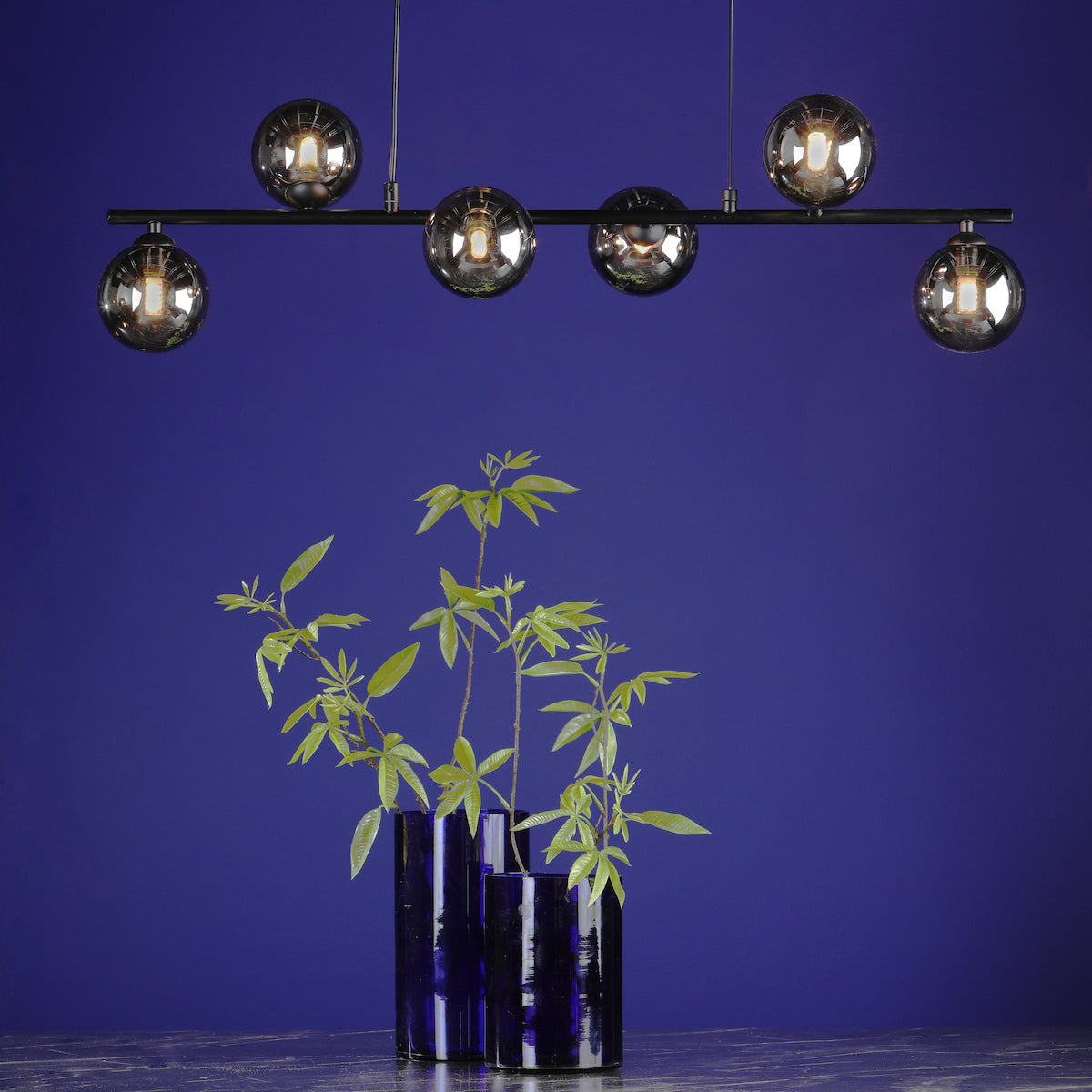 SPIRAL 6LT BAR PENDANT BLACK CW SMOKED GLS