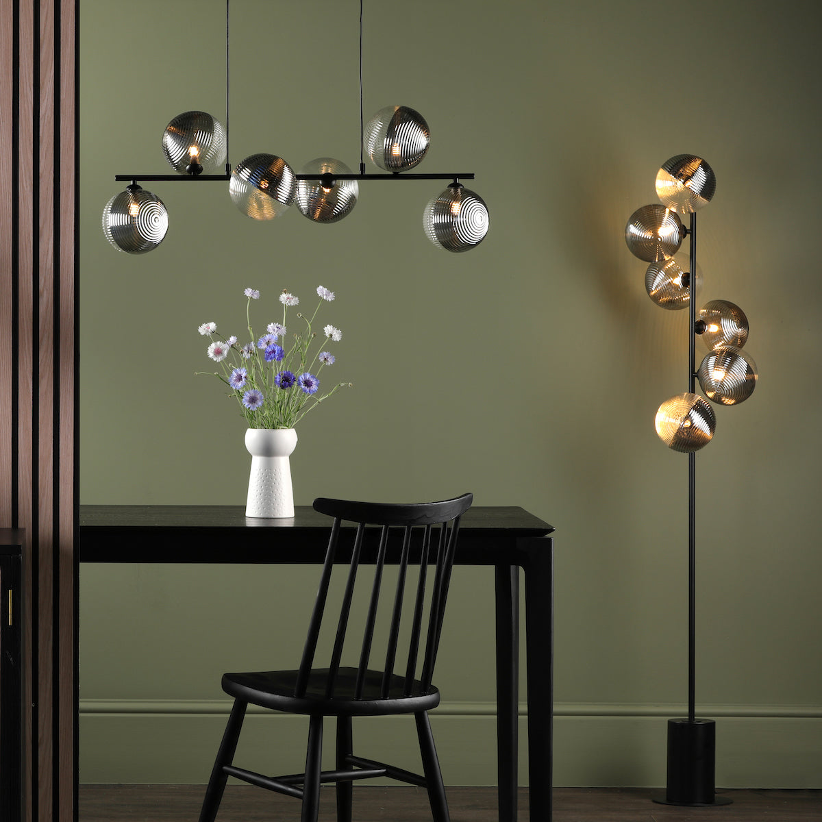 SPIRAL 6LT BAR PENDANT BLACK CW SMOKED/CLR GLS 150