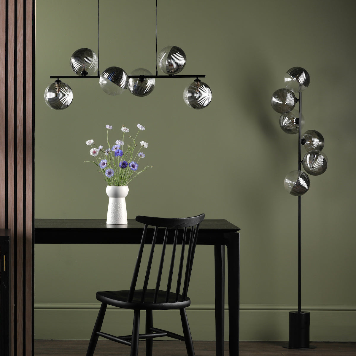 SPIRAL 6LT BAR PENDANT BLACK CW SMOKED/CLR GLS 150