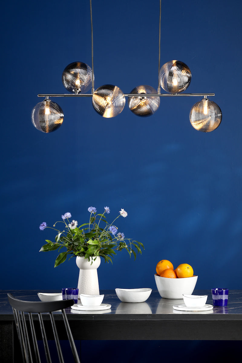 SPIRAL 6LT BAR PENDANT POL CHR CW SMOKED/CLR GLS 1