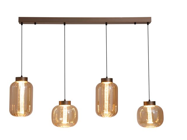 Lille LED 4Lt LED Pendant, Latte Metal and Amber Glass