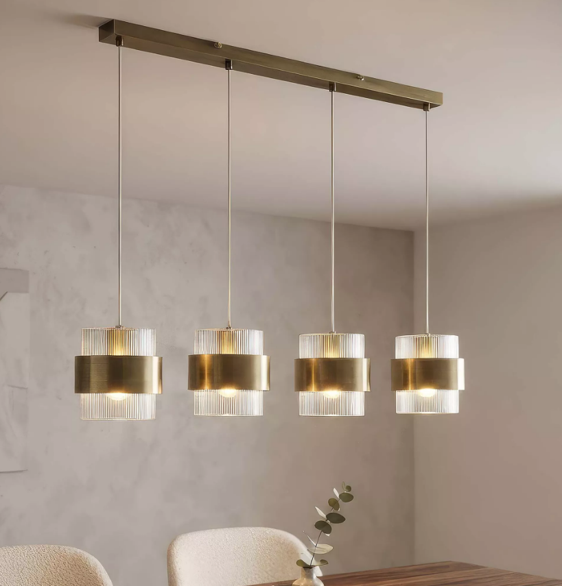 Royal 4Lt Bar Pendant Antique Brass, Clear Ribbed Glass