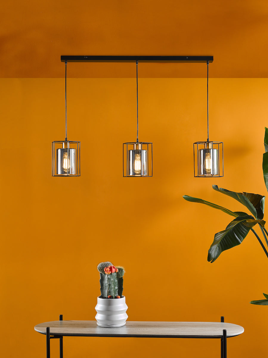 TATUM 3LT BAR PENDANT BLACK WITH SMOKED GLASS