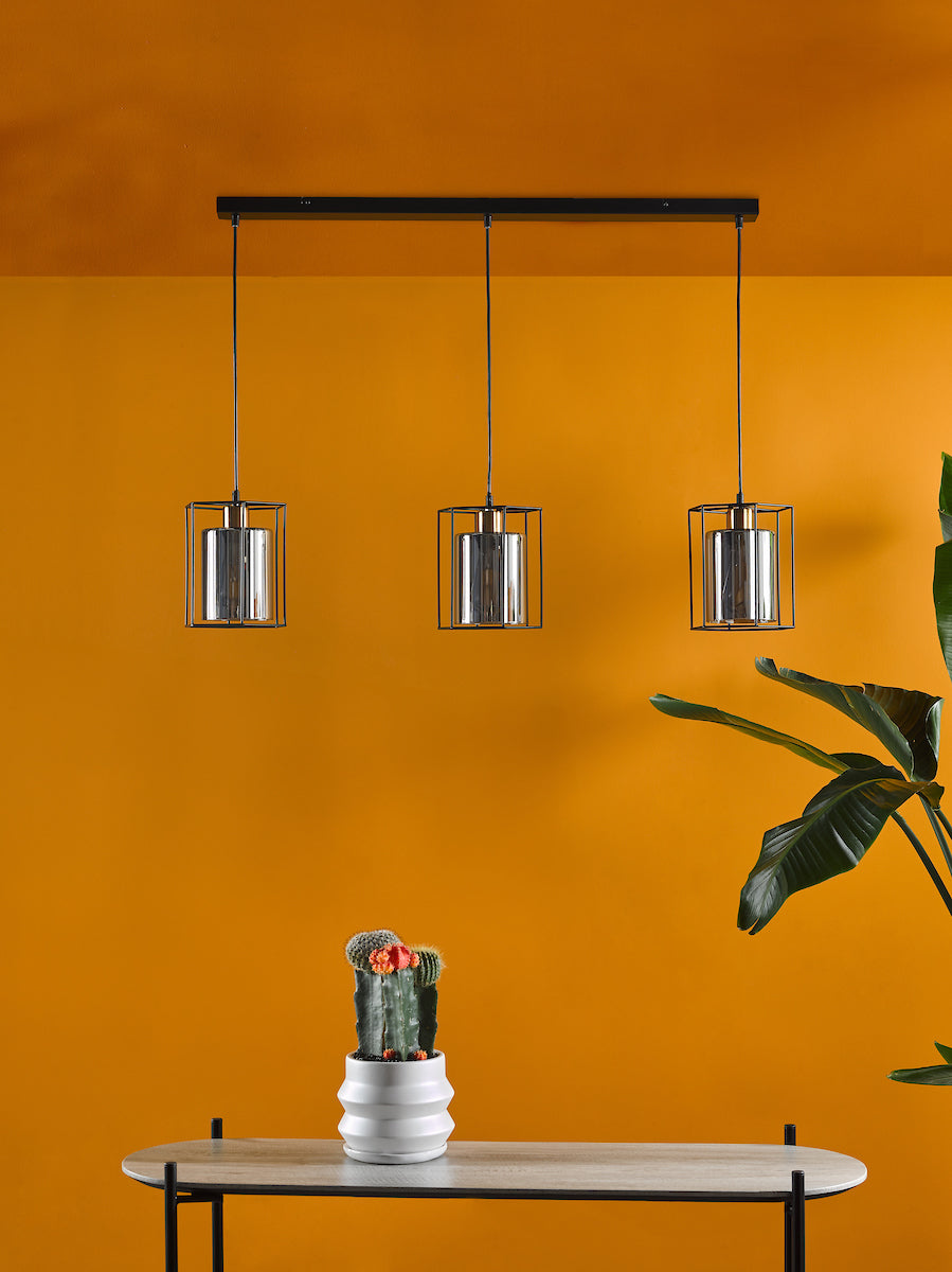 TATUM 3LT BAR PENDANT BLACK WITH SMOKED GLASS