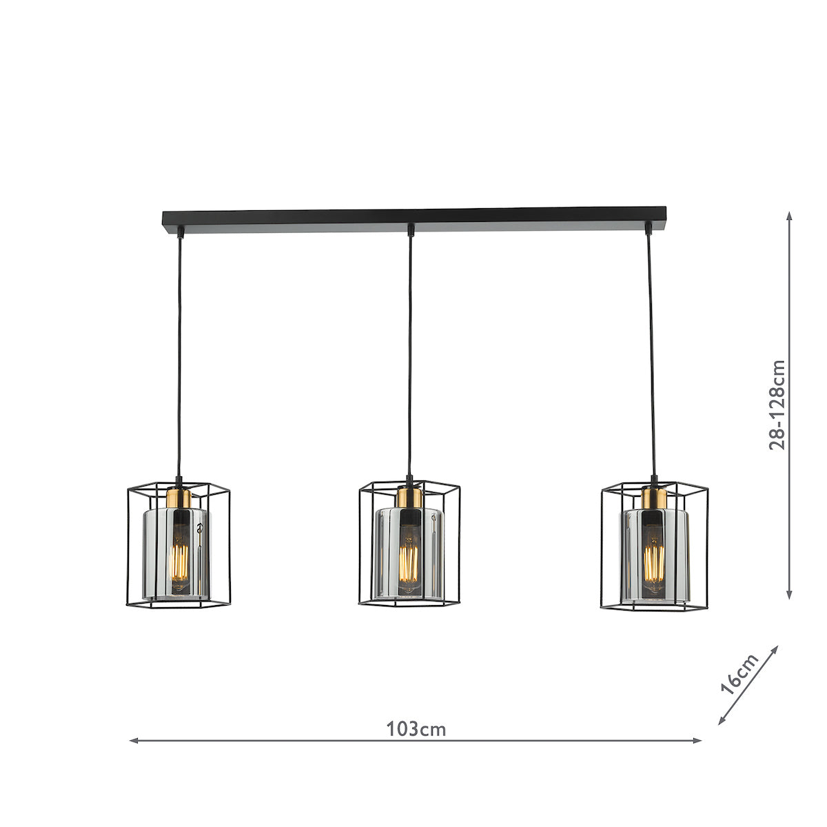 TATUM 3LT BAR PENDANT BLACK WITH SMOKED GLASS