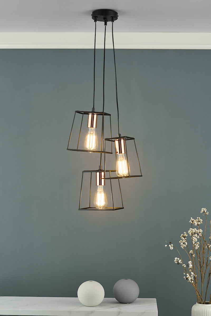TOWER 3LT CLUSTER PENDANT BLACK AND COPPER