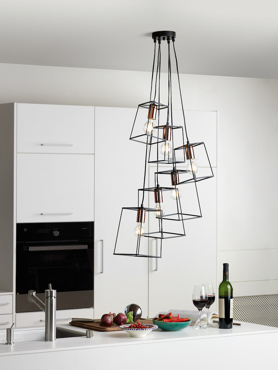 TOWER 6LT CLUSTER PENDANT BLACK AND COPPER