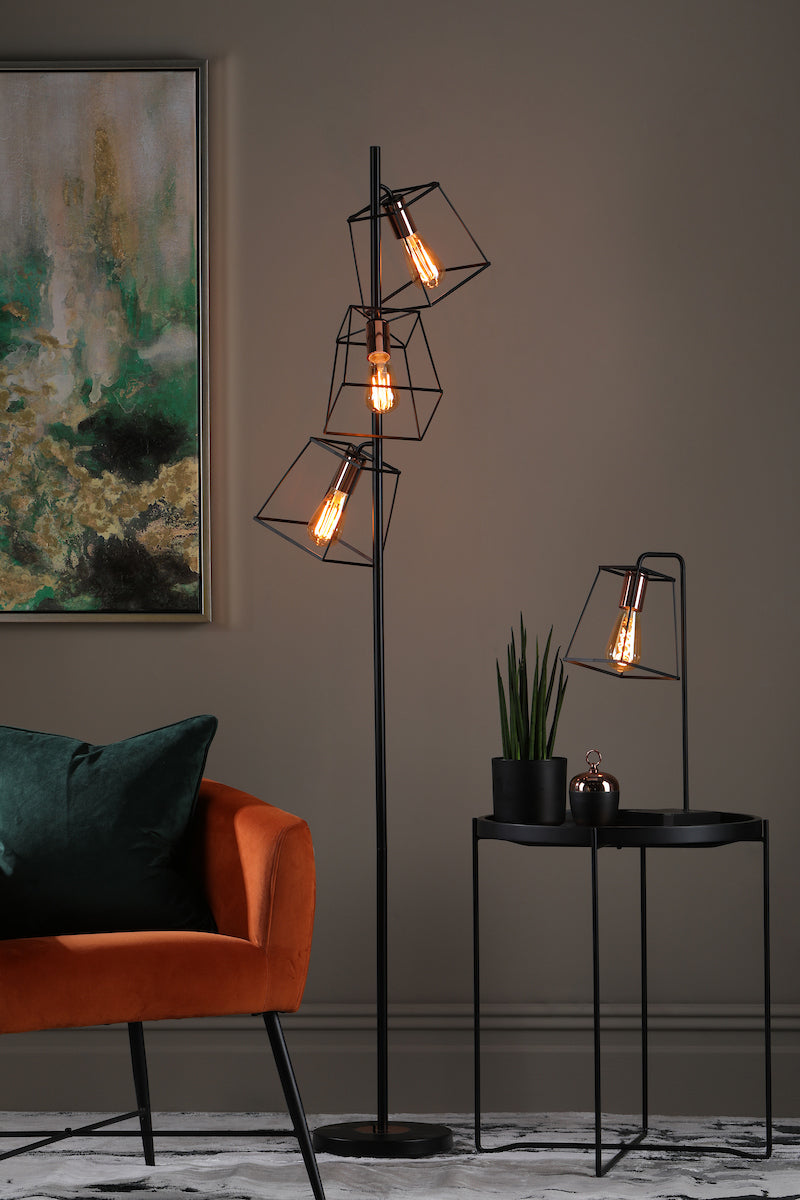 TOWER 3LT FLOOR LAMP BLACK AND COPPER