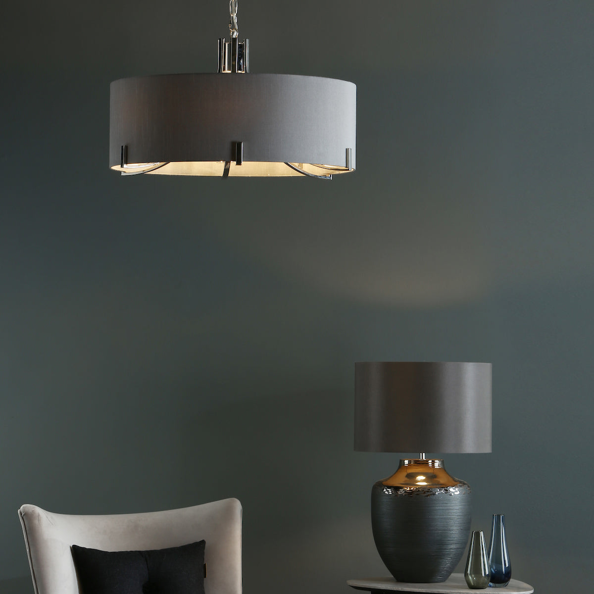 VEYRON 6LT PENDANT POL NICKEL GREY FAUX SILK SHADE