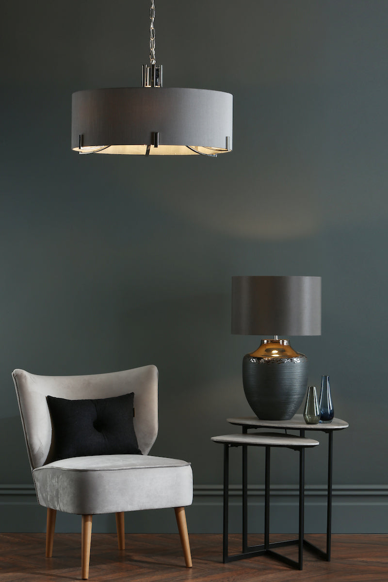 VEYRON 6LT PENDANT POL NICKEL GREY FAUX SILK SHADE