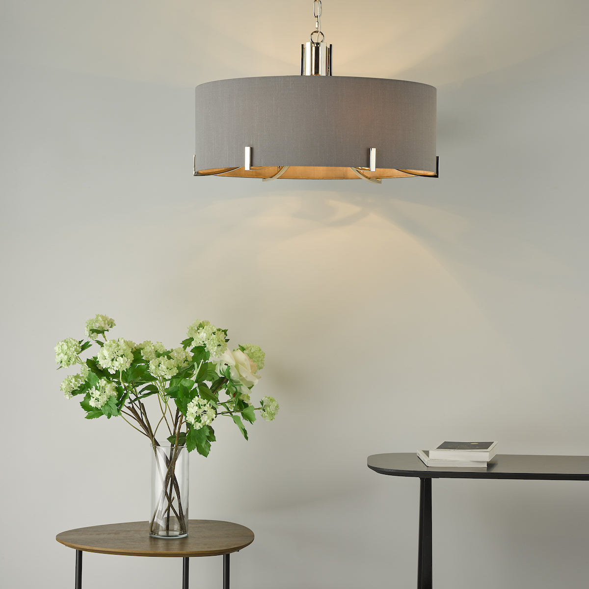 VEYRON 6LT PENDANT POL NICKEL GREY FAUX SILK SHADE