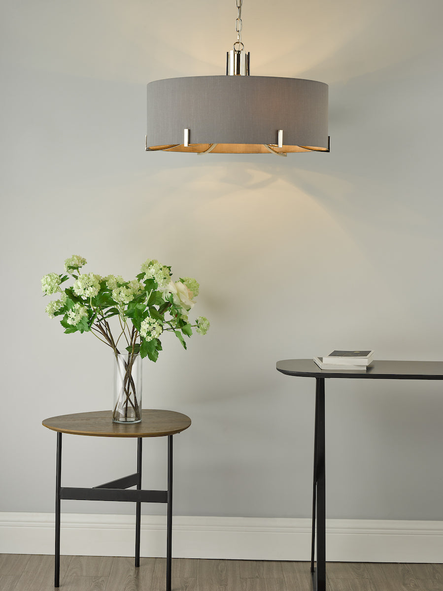 VEYRON 6LT PENDANT POL NICKEL GREY FAUX SILK SHADE