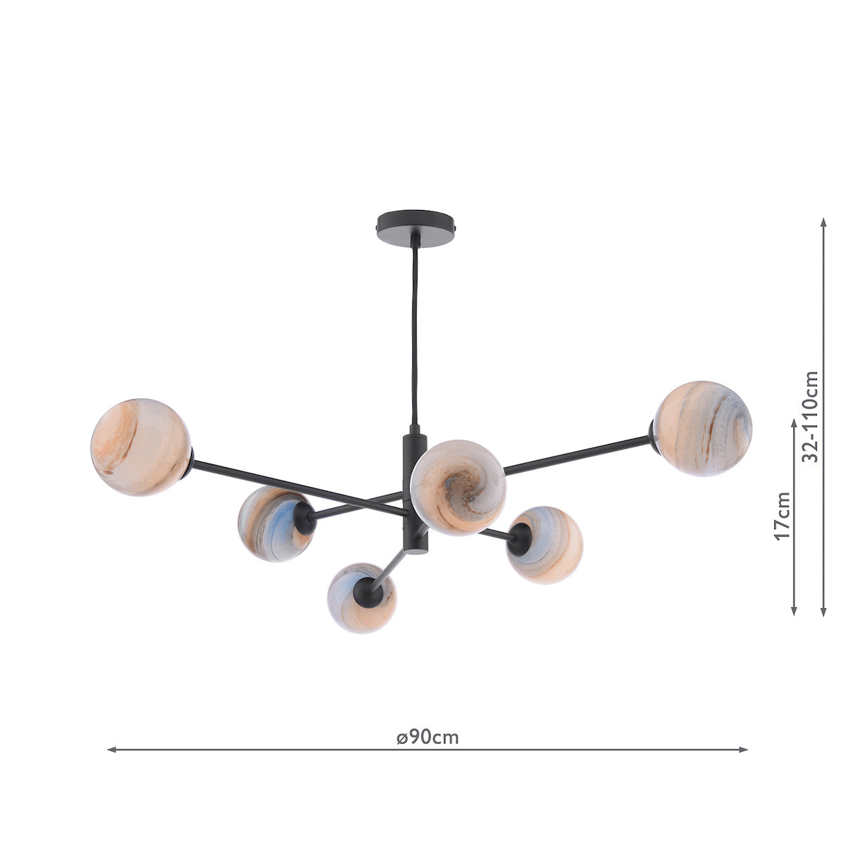 VIGNETTE 6LT PENDANT BLACK CW PLANET 10CM GLS