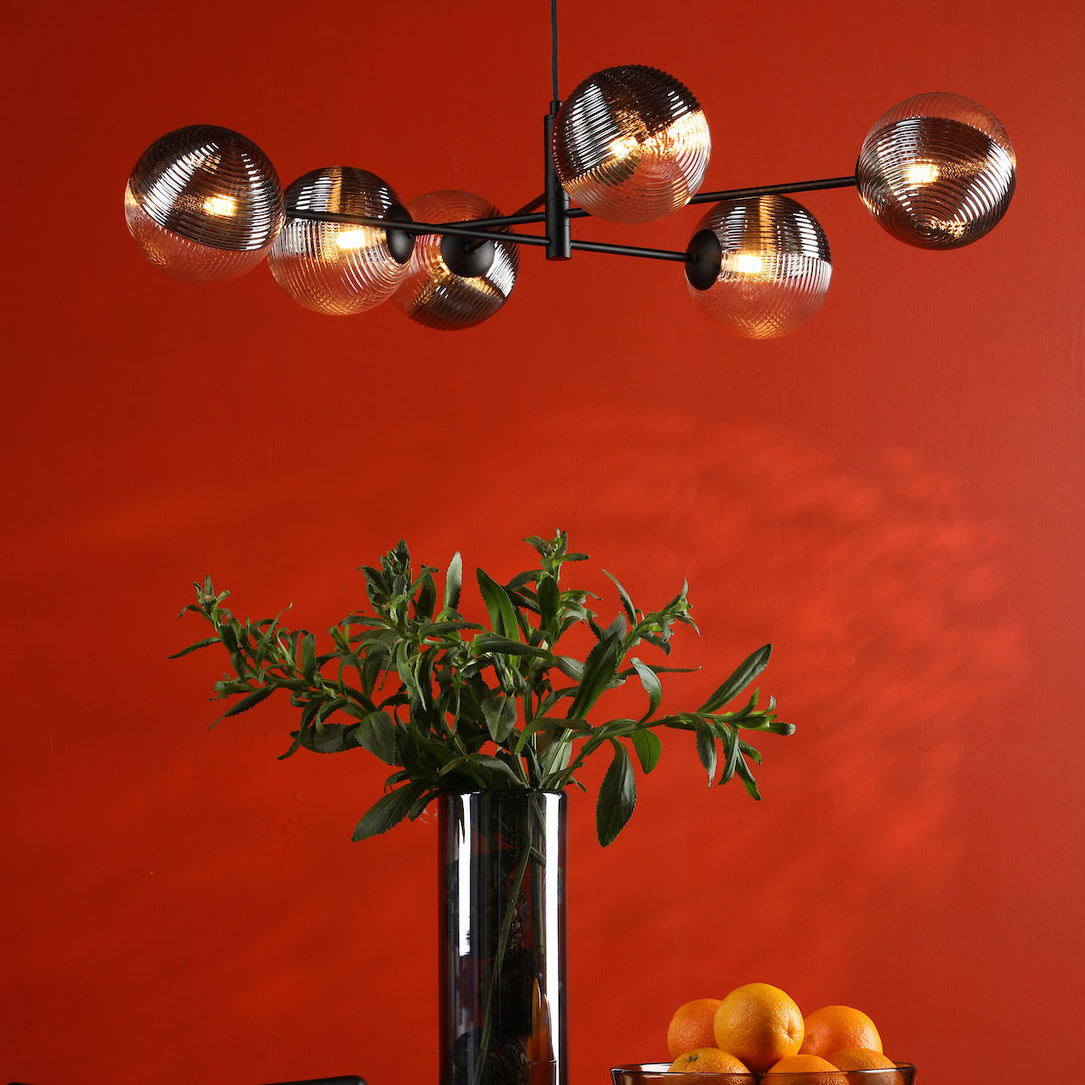 VIGNETTE 6LT PENDANT BLACK CW SMOKED/CLR GLS 150MM