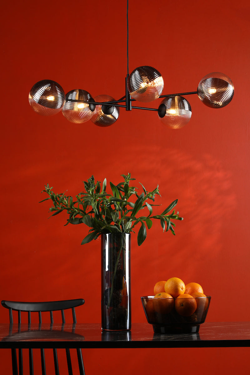 VIGNETTE 6LT PENDANT BLACK CW SMOKED/CLR GLS 150MM