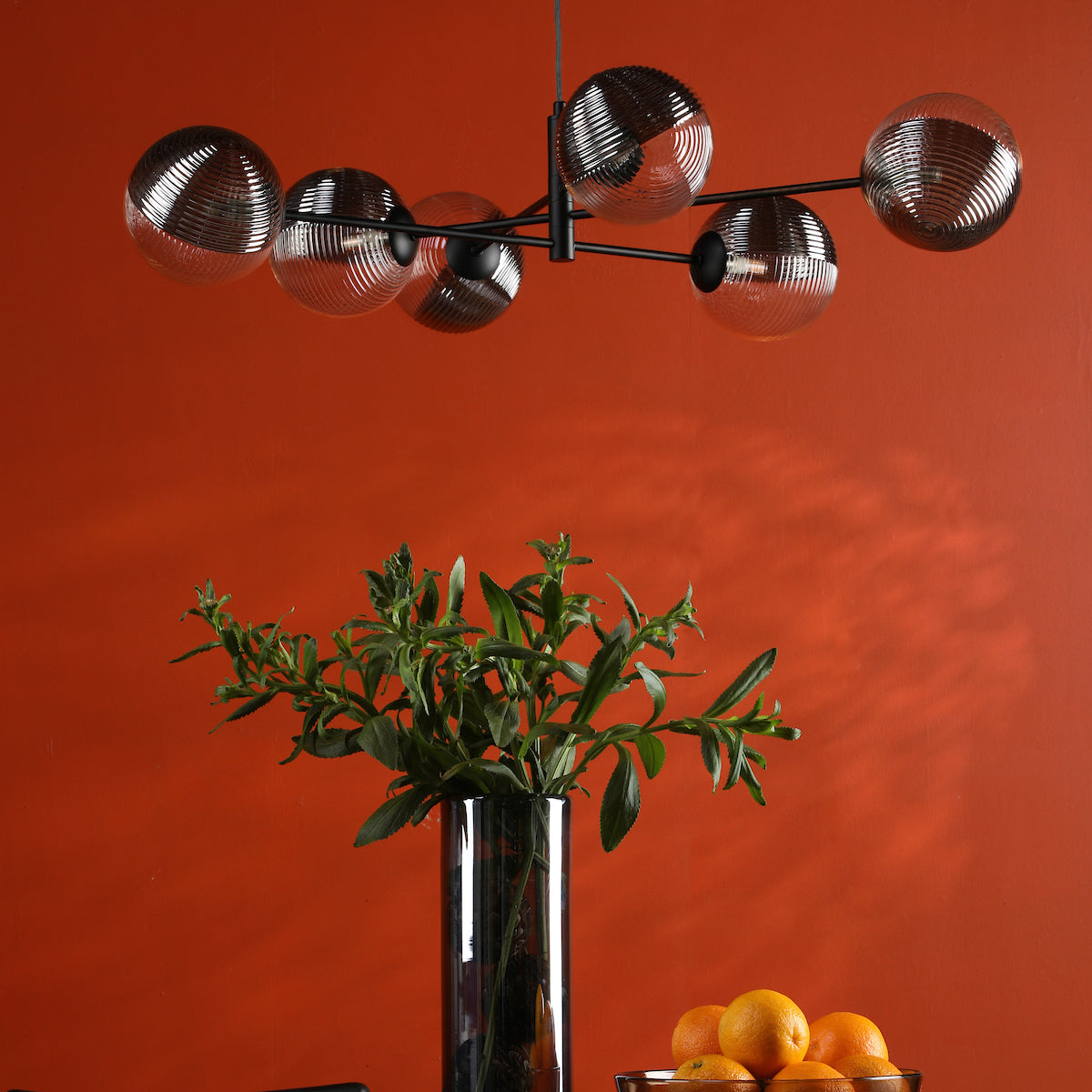 VIGNETTE 6LT PENDANT BLACK CW SMOKED/CLR GLS 150MM