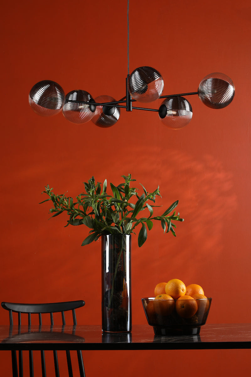 VIGNETTE 6LT PENDANT BLACK CW SMOKED/CLR GLS 150MM