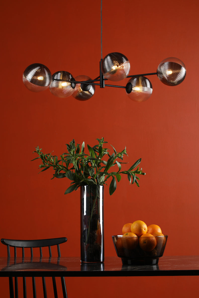 VIGNETTE 6LT PENDANT BLACK CW SMOKED/CLR GLS 150MM