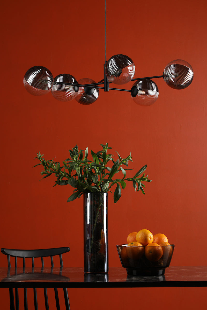 VIGNETTE 6LT PENDANT BLACK CW SMOKED/CLR GLS 150MM