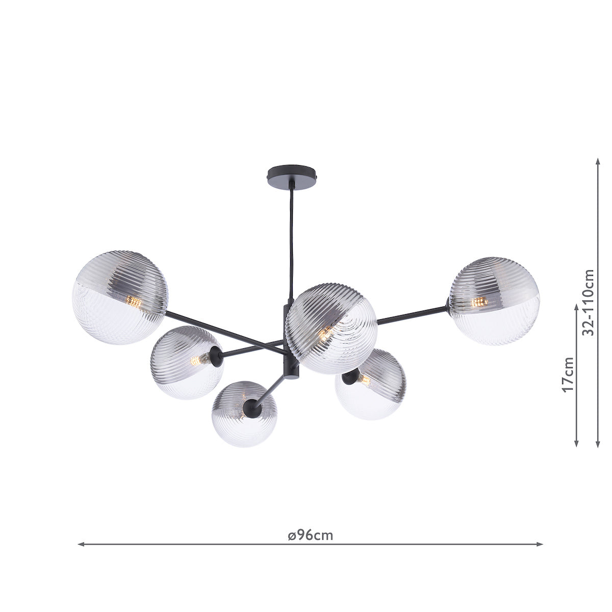 VIGNETTE 6LT PENDANT BLACK CW SMOKED/CLR GLS 150MM