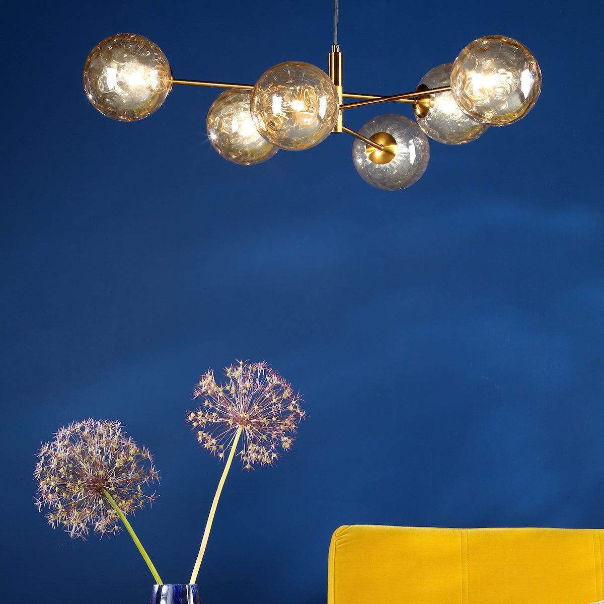 VIGNETTE 6LT PENDANT AGED BRASS CW CHAMPAGNE GLS 1