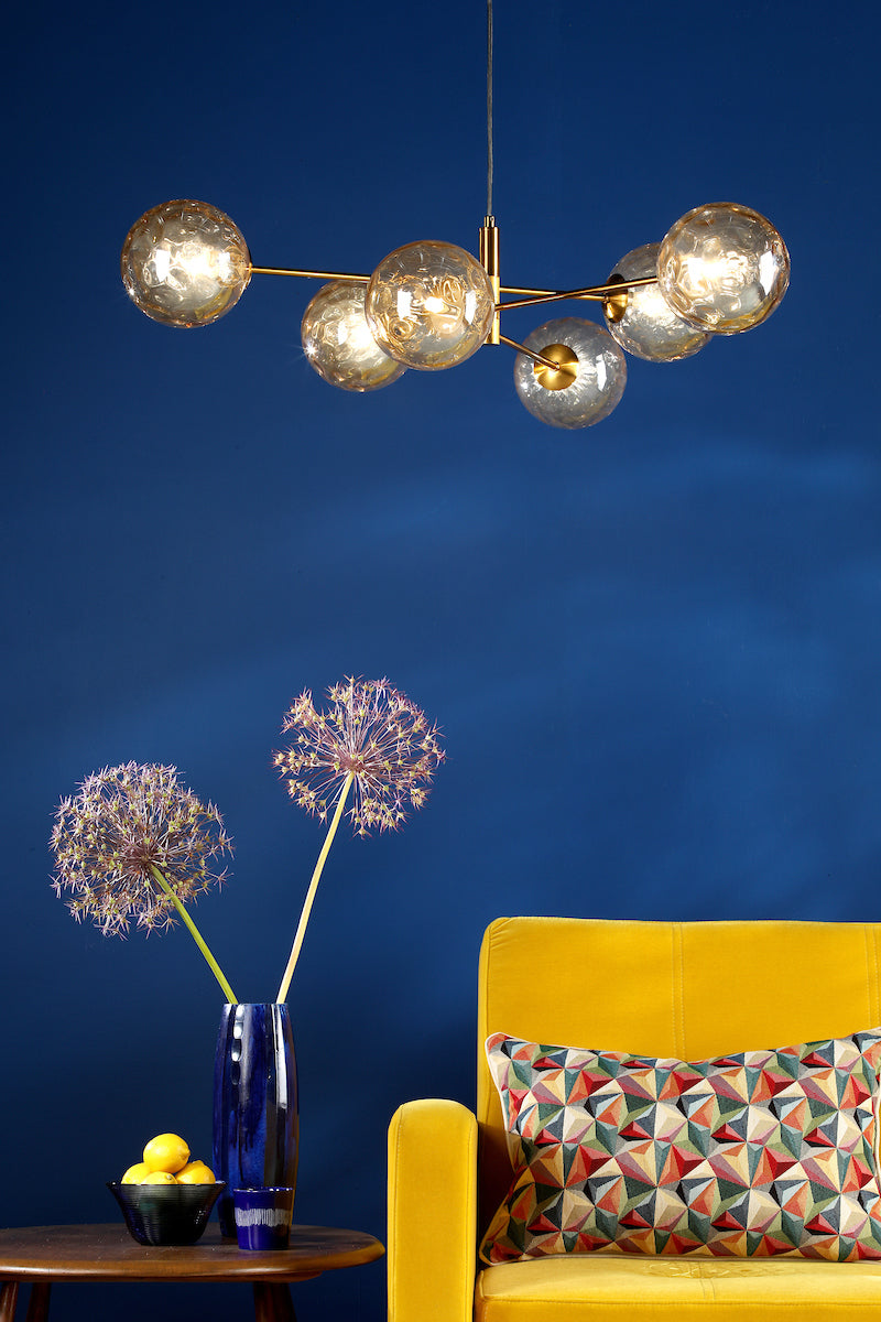 VIGNETTE 6LT PENDANT AGED BRASS CW CHAMPAGNE GLS 1