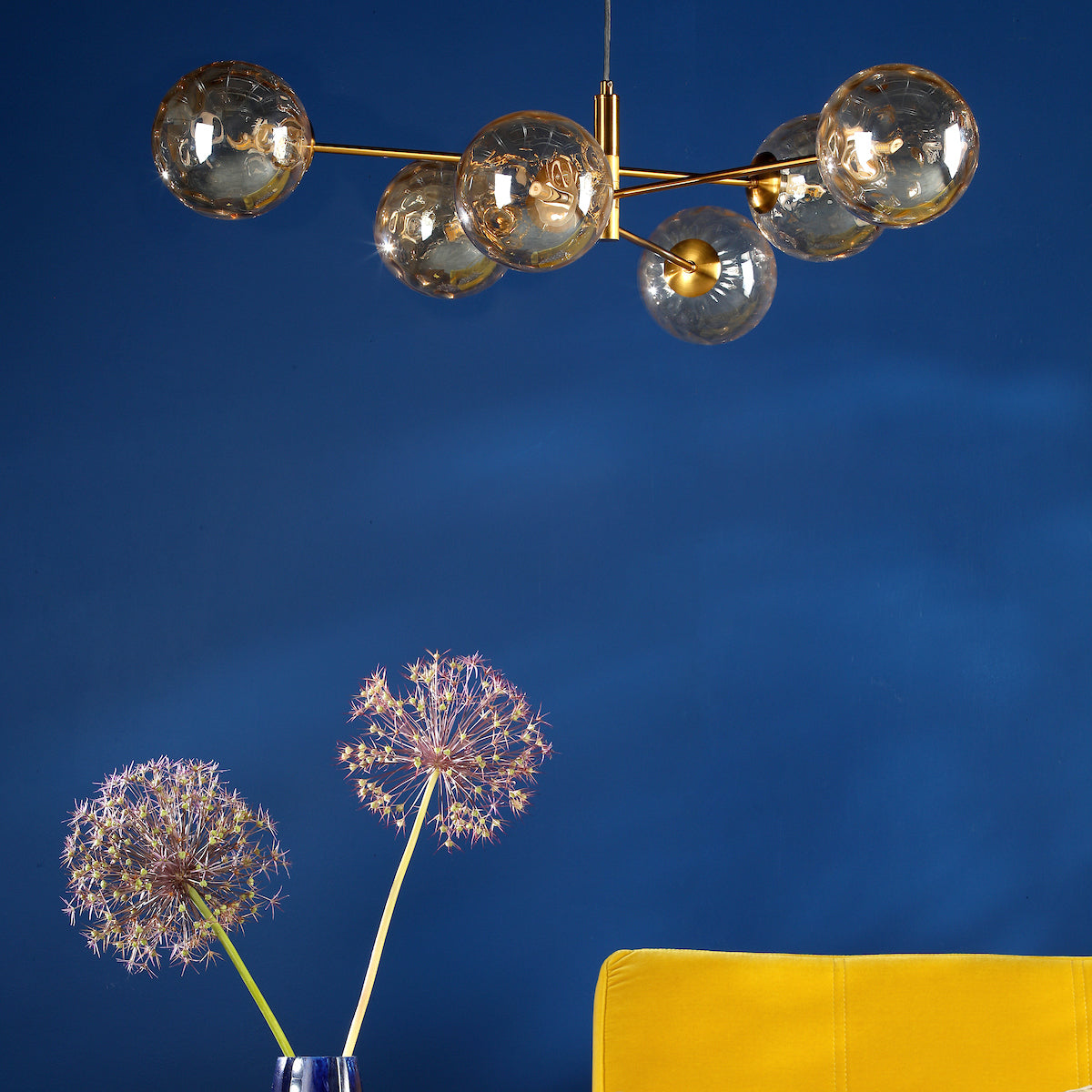 VIGNETTE 6LT PENDANT AGED BRASS CW CHAMPAGNE GLS 1