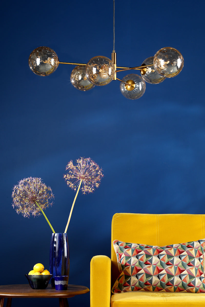 VIGNETTE 6LT PENDANT AGED BRASS CW CHAMPAGNE GLS 1