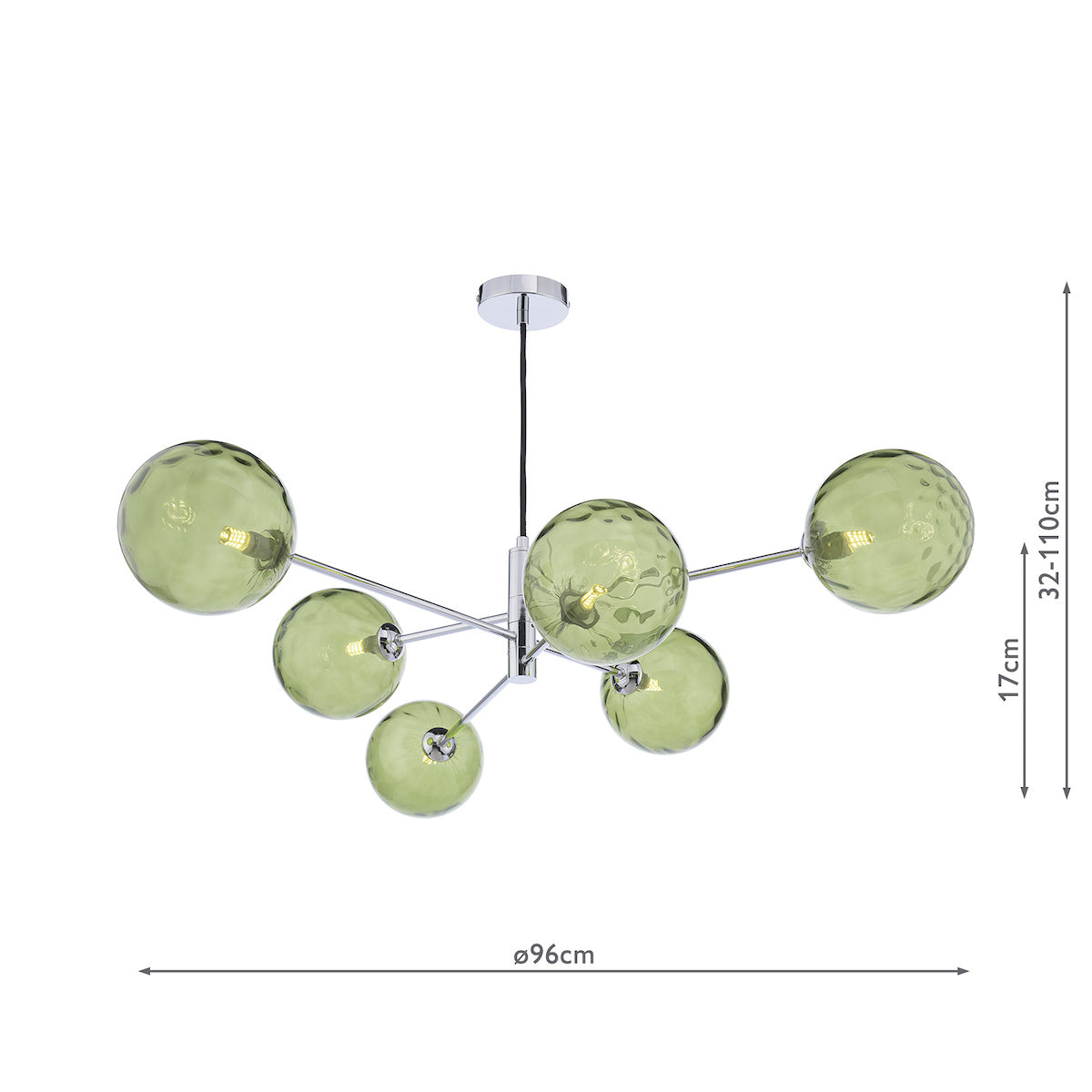 VIGNETTE 6LT PENDANT POL CHR CW GREEN GLS 150MM