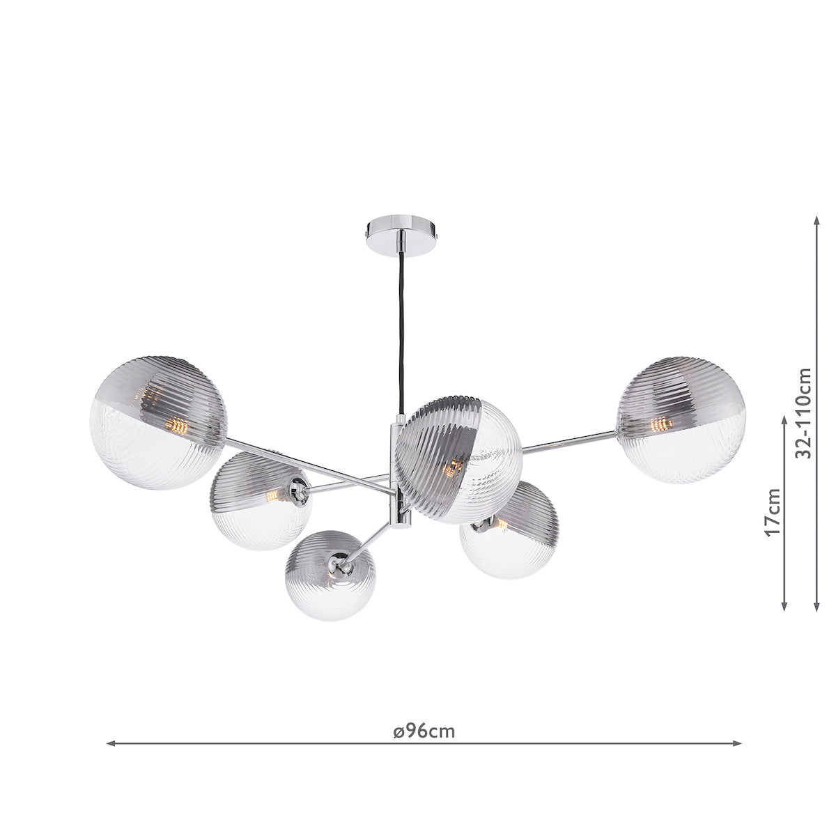VIGNETTE 6LT PENDANT POL CHR CW SMOKED/CLR GLS 150