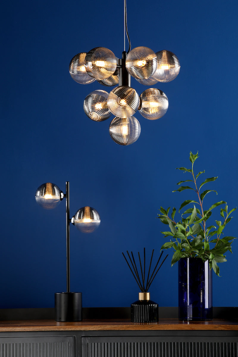VINE 10LT TREE PENDANT BLACK CW SMOKED/CLR GLS