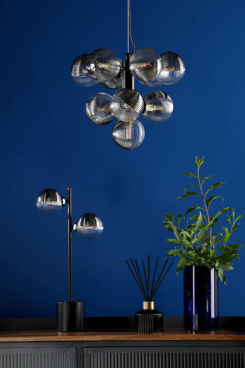 VINE 10LT TREE PENDANT BLACK CW SMOKED/CLR GLS