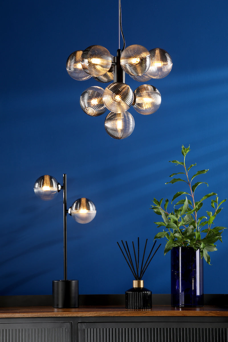 VINE 10LT TREE PENDANT BLACK CW SMOKED/CLR GLS