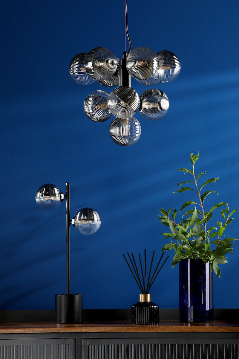 VINE 10LT TREE PENDANT BLACK CW SMOKED/CLR GLS