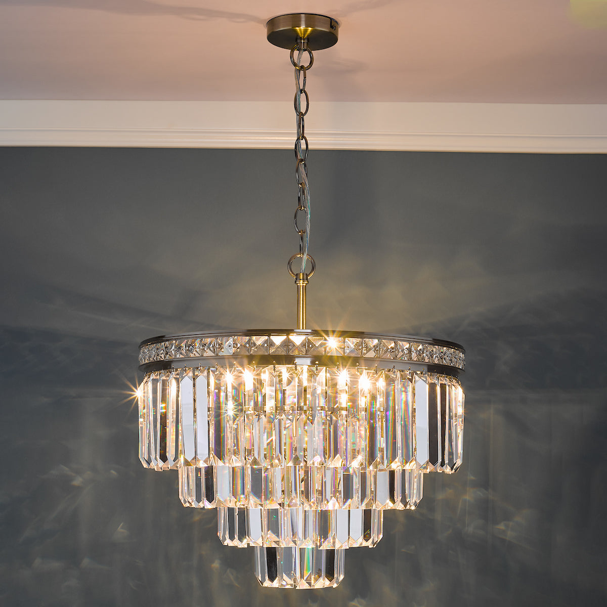 VYANA 4LT 4 TIER PENDANT ANTIQUE BRASS AND CRYSTAL