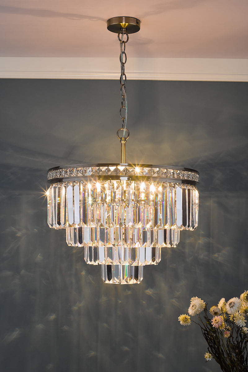 VYANA 4LT 4 TIER PENDANT ANTIQUE BRASS AND CRYSTAL