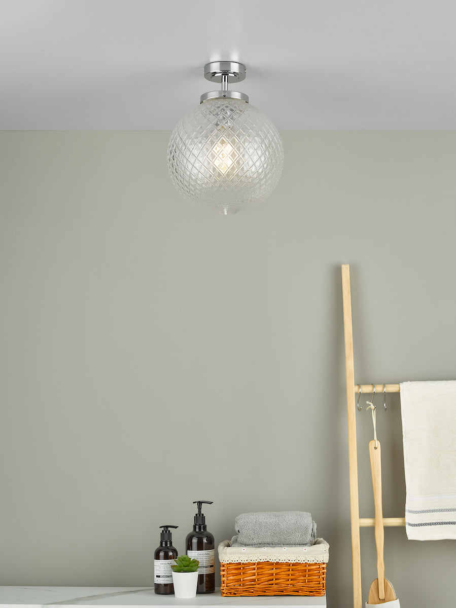 WAYNE 1LT SEMI FLUSH POL CHR TEXTURED GLASS IP44