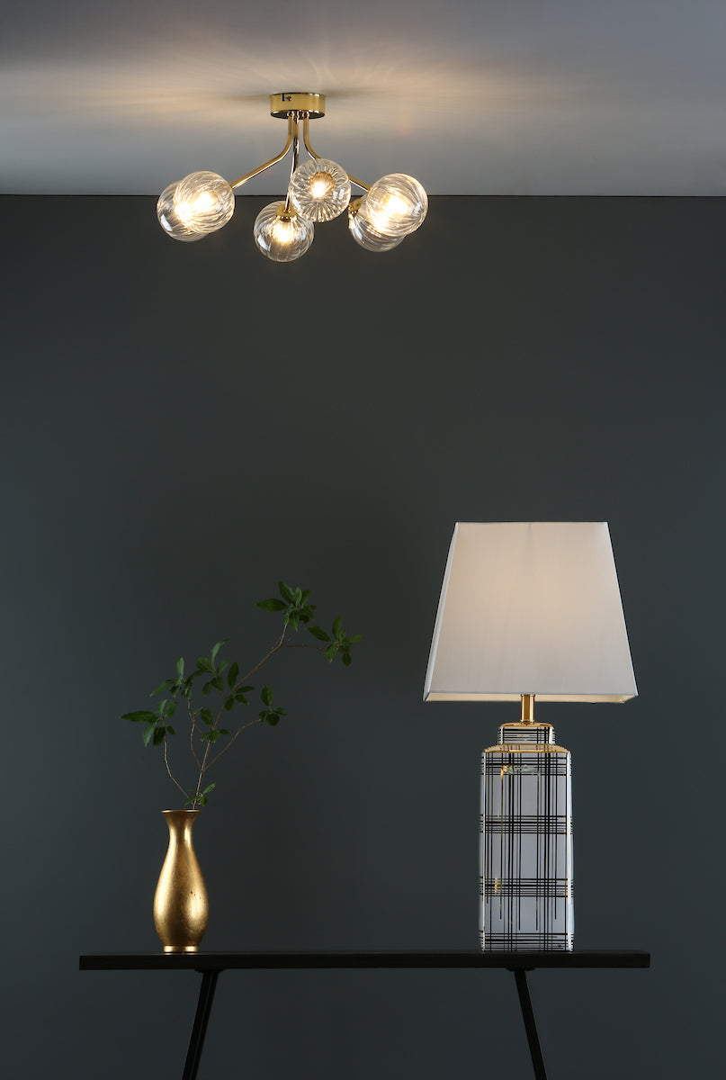 YISKA 6LT SEMI FLUSH GOLD RIBBED GLASS